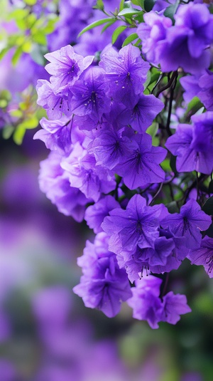 The image features a beautiful bouquet of purple flowers hanging from a tree branch The flowers are in full bloom, displaying a vibrant purple color that contrasts with the green leaves of the tree The close-up view of the flowers highlights their delicate petals and intricate details, making the image visually appealing and captivating The overall scene evokes a sense of natural beauty and tranquility, as the flowers gracefully sway in the breeze