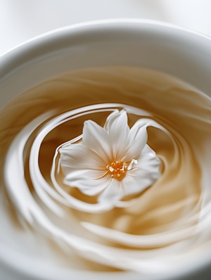 The photo is a close-up of a cup of tea, a delicate teacup, a delicate pattern, a swirl in the cup, and a petal in the whirlpool, with delicate details and a sense of realism，ar3∶4