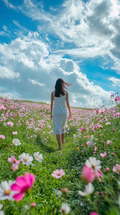 一半画面一个女人走在开满鲜花的绿色草原，画面一半天空蓝天白云超高清8K