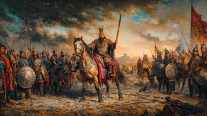 a Mongol emperor sits on a battle horse with a large sword pointing into the distance, surrounded by mounted generals and Mongol soldiers standing on the ground with shields and long swords. Wide Angle, medium shot..highly detailed dramatic lighting in the style of Albrecht Durer and Gustave Dore, influenced by William Blake ar 3:4 stylize 750 v 6.0 cref sref