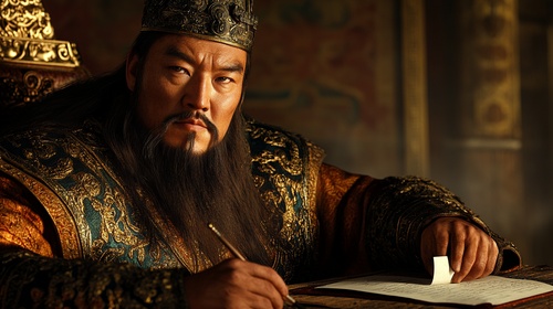 A Mongolian emperor writes letters with a brush at his desk. Face close-up, medium shot..highly detailed dramatic lighting in the style of Albrecht Durer and Gustave Dore, influenced by William Blake ar 3:4 stylize 750 v 6.0 cref sref