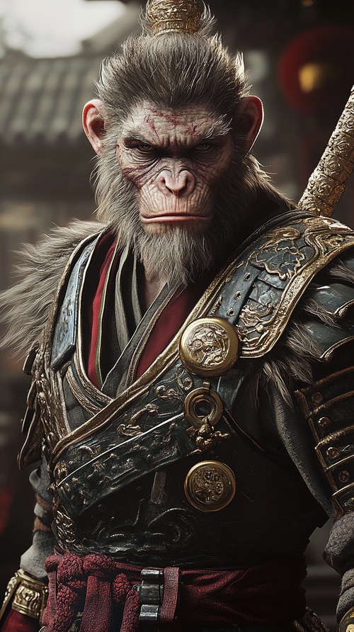 The full-body portrait of the Monkey King in-game, clad in intricate war robes and armor, wielding the Golden Cudgel, exemplifies a realistic style, portraying a weathered visage that has braved through myriad battles, each scar telling a tale of his arduous and epic adventures.