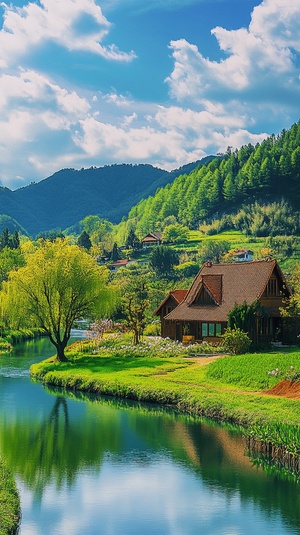 In spring, there is a beautiful view of cottages, green grass and flowers near the river; The forest beauty of blue sky and white clouds; Realistic country house scenes in the countryside; Bright colors, tone, light and shadow, high-definition photography, with ultra-high resolution, high detail, super quality, high definition.