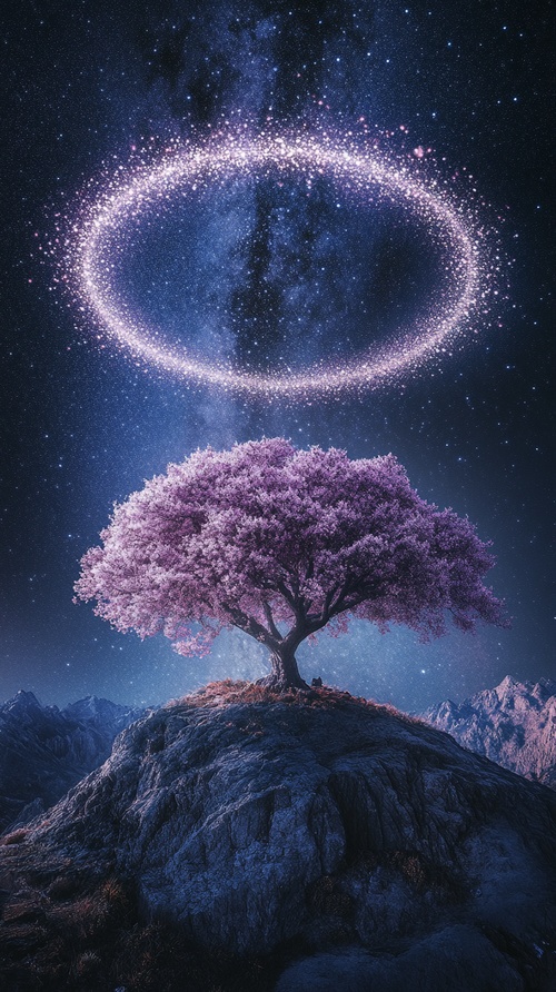 On top of a mountain, a large tree withpink leaves is surrounded by a halo of light, its petals blowing off and floating in the wind. In the background is a starry sky with the Milky Way flowing. Tree growing on planet with bright halo around surface, photographic image, SonyMaster Shot, movie scene