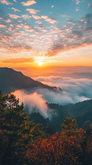 泰山日出美景，早晨，真实拍照感，超高清，云雾缭绕，迎客松，8k，超广角，远景，饱满，大师作品。