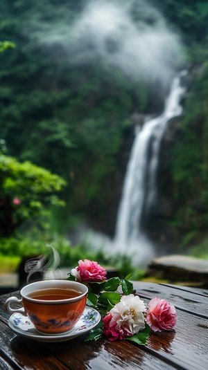 桌上放着一杯茶和两杯饮品,旁边是盛开的玫瑰花。背景是一片绿色森林,还有一张高清拍摄的瀑布照片,描绘了一个真实的风景画面。这个美丽的场景设在中国庐山的山脉中。图片分辨率和质量都很高,瀑布周围有雾,上面有云朵飘动。这张照片捕捉到了从精致茶杯中冒出的中国红茶或白茶的热腾腾蒸汽上升的瞬间,风格类似迈克尔·沙因布鲁姆。