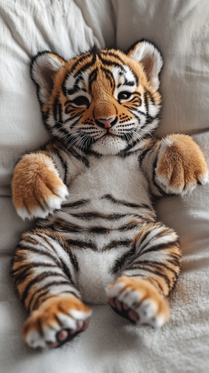 A very cute baby tiger, lying on the sofa with its paws up and looking at the viewer, a full-body photograph, realistic images of anthropomorphic tigers, striped fur, realistic style, a tiger's head and human limbs, a chubby figure, plush fur material, high-definition photography. ar 19:30