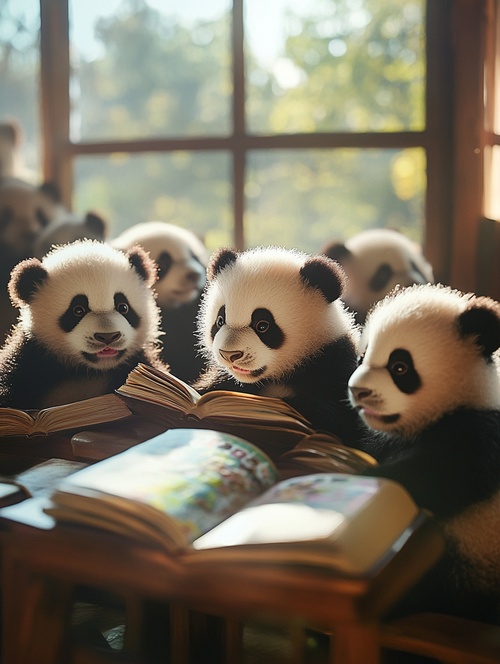 Photos showing several baby pandas, reading a book in a classroom, early morning sunlight shining through the window, blurred foreground, fine details, realistic, master photography, photographer John Aitchison, cinematic lighting effects,ar3∶4