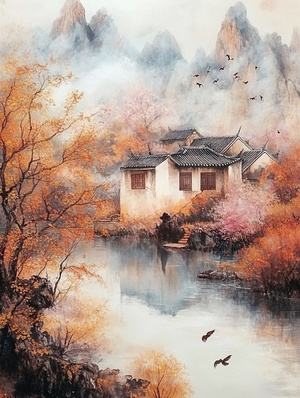 The breath of autumn, the house, the river, the mountains, the willows, the flying birds, the flowers, Chen Jialing.