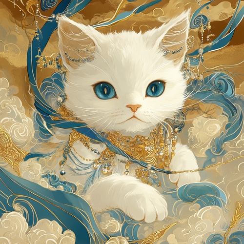 Create a fantasy illustration in the style of traditional Chinese art, inspired by Dunhuang frescoes. The scene features a majestic white cat with piercing blue eyes, adorned with ornate jewelry and flowing blue and gold ribbons. The background is filled with intricate clouds and patterns, with a rich gold color palette that evokes a sense of divine elegance. The art style should blend traditional Chinese decorative elements with modern fantasy illustration techniques, giving the cat a mythical and regal ap