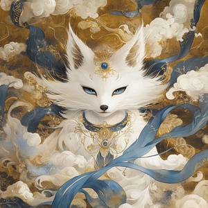 Create a fantasy illustration in the style of traditional Chinese art, inspired by Dunhuang frescoes. The scene features a majestic white FOX with piercing blue eyes, adorned with ornate jewelry and flowing blue and gold ribbons. The background is filled with intricate clouds and patterns, with a rich gold color palette that evokes a sense of divine elegance. The art style should blend traditional Chinese decorative elements with modern fantasy illustration techniques, giving the cat a mythical and regal ap