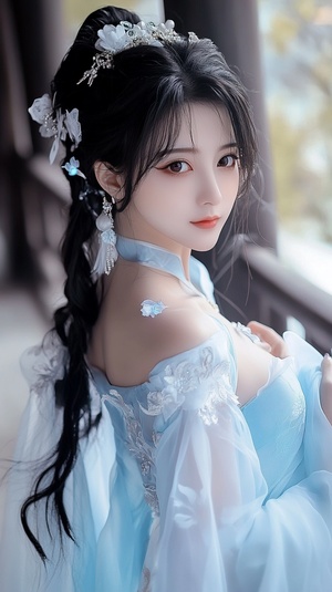 Beautiful Chinese woman wearing a light blue, off-the-shoulder dress with long sleeves and a white chiffon skirt. The dress features a butterfly decoration on the chest. The woman has black hair styled in a double ponytail braid and is smiling. The photograph is an indoor close-up of the upper body, showcasing the woman's delicate facial features in high definition. The overall aesthetic is reminiscent of anime, with a Chinese style. ar 7:12