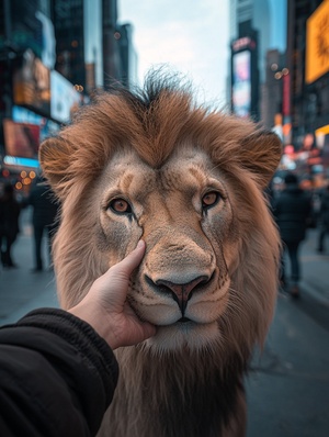 The photo shows a simple lion, in New York's Times Square, people have to touch the lion's head, the details are fine, realistic, animal photo photography，ar3∶4，v6.1