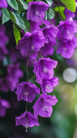 The image features a beautiful bouquet of purple flowers hanging from a tree branch The flowers are in full bloom, displaying a vibrant purple color that contrasts with the green leaves of the tree The close-up view of the flowers highlights their delicate petals and intricate details, making the image visually appealing and captivating The overall scene evokes a sense of natural beauty and tranquility, as the flowers gracefully sway in the breeze