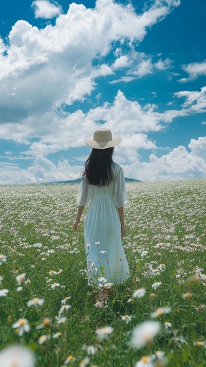 一半画面一个女人走在开满鲜花的绿色草原，画面一半天空蓝天白云超高清8K