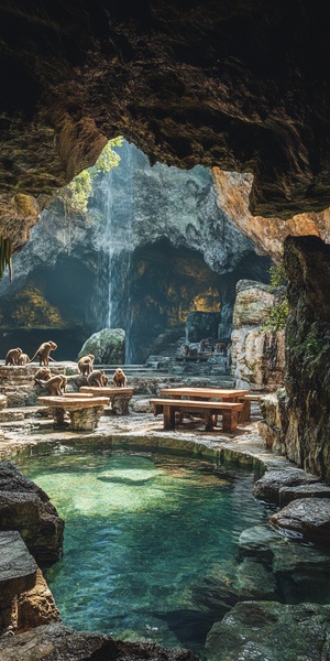 水帘洞场景:a clear and sparkling cave with a waterfa ll flowing over the entrance, stone tables and benche s inside, monkeys playing and gathering around.