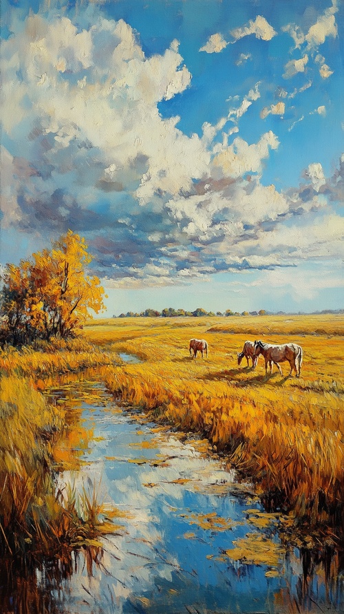 Autumn is thick, the fields are covered in gold, the vast pasture, the sky is high and the clouds are light, the cattle and horses are leisurely,the sunshine is gently sprinkled on every inch of the land, the rice is low, golden, and the wind dances lightly, like a golden ocean.Clear color picture, dmitry spiros, romantic emotion, Klein blue, american romanticism, francois boquet,romantic chiaroscuro ar 9:16 stylize 1000 v 6.1