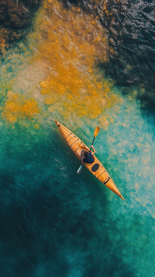 a man riding a wooden kayak in the water, water in the style of rainbow color mixing, aerial view