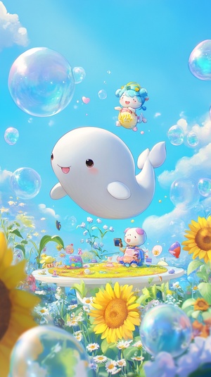 A cute little white whale is flying and playing with a cute sunflower field in the centre, surrounded by floating bubbles and soft pastel colours. The background is a clear sky blue, creating an atmosphere of whimsy and joy. In front, there's an interactive table displaying various adorable toys like dolls or teddy bears. A small character sits on top of it, holding their phone and smiling at what they see. ar 9:16