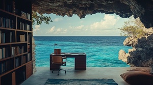 The photograph shows a study room that blends in with the cliffs by the sea, the seascape of the Maldives seaside, with fine detail, realism, and masterful photography，ar16∶9，v6.1