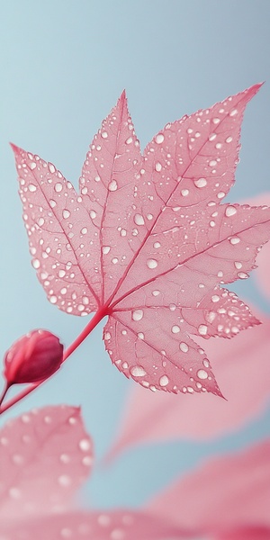 A delicate and fresh pink maple leaf with water droplets on it, set against a light blue background, is a high-definition wallpaper with a close-up shot of the leaves. It has an elegant composition, a pink color scheme, and is suitable for use as a mobile phone wallpaper. The leaves have beautiful colors and patterns, adding visual impact to the overall picture.