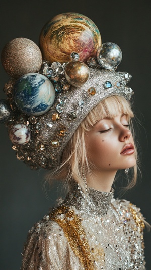 fashion photography of a blonde woman wearing anoutfit made out of planets, wearing a big silver and goldhood with crystals on the ends that look like stars. Theheadpiece features planets in a sparkly, glittery style.