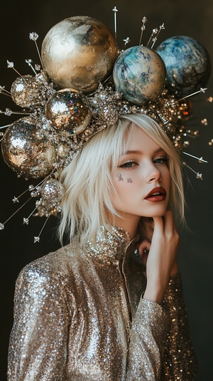 fashion photography of a blonde woman wearing anoutfit made out of planets, wearing a big silver and goldhood with crystals on the ends that look like stars. Theheadpiece features planets in a sparkly, glittery style.