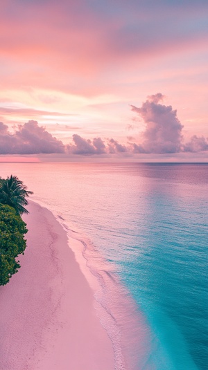 rainbow pinkish sky, drone view, crystal clear sea,tiffany blue sea