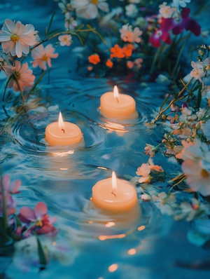 Candlelight in the style of subtle romantic, colorful photography lush detailing, water and land fusion, vibrant florals, light yellow and azure, fujifilm eterna vivid 500t