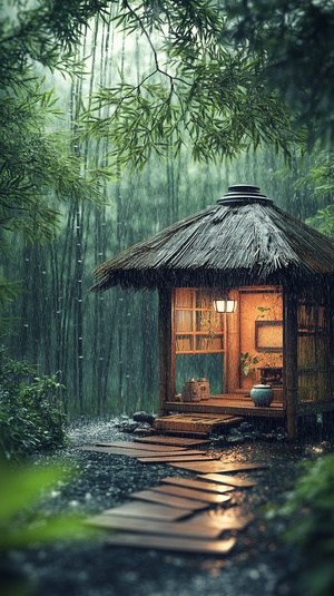 天空下着雨，竹林里有一个小屋，可以喝茶，非常疗愈，自然风景，非常舒适，让人很放松。