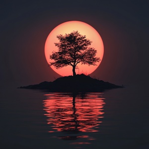 A Sunset Island with a Tree in Ethereal Japanese Photography