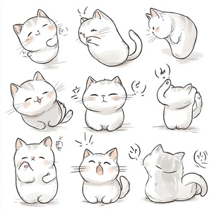 Cute Cat Illustrations in Bold Manga Line Drawing Style