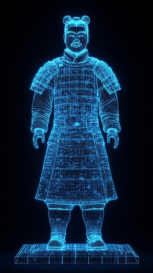 a wireframe hologram of The Terracotta Army with glowing blue lines forming intricate patterns around its iconic structure against an isolated dark background. the design showcases detailed architectural details and features, creating a visually stunning representation of ancient Chinese architecture. this digital artwork is perfect for creative projects that need to convey both historical significance and futuristic technology, in the style of 8k.