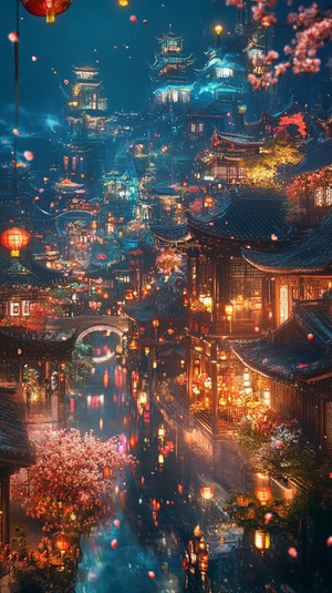 Ancient Chinese city, bright atmosphere, bird 's-eye view, detailed details, spectrum, fantasy, gorgeous light effect, mirror reflection, falling flowers, lighting, delicate texture, wide Angle lens, sharp, 32k