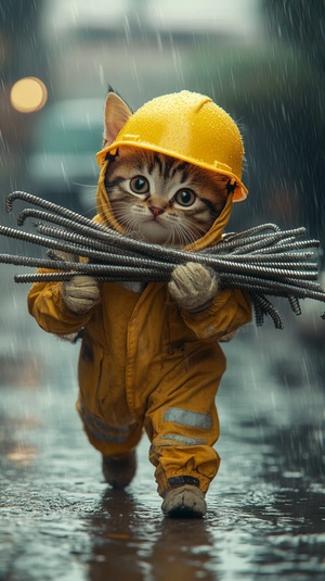 小猫猫雨天扛钢筋的工地勇士