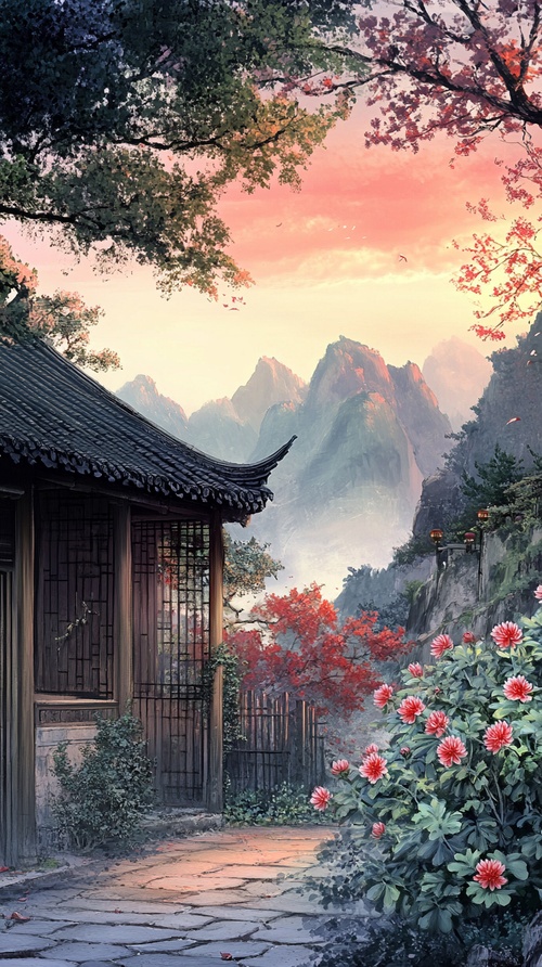 中式庭院，一丛一丛的菊花绕着篱笆，夕阳，精致的自然风景，高清