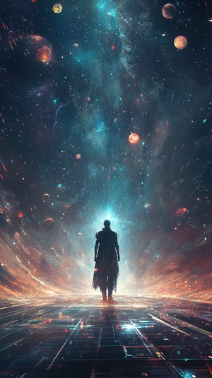 A lone warrior standing on a glowing platform, surrounded by a vast cosmic expanse. The figure is highlighted by subtle, radiant light, with the outline shimmering with cosmic energy. The background is filled with stars, floating orbs, and abstract shapes that evoke a sense of the infinite universe. The atmosphere is both serene and mysterious, with the character gazing into the endless expanse. The style should blend futuristic sci-fi with traditional fantasy elements, using a dark, star-filled color palet