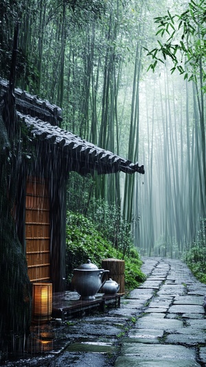 天空下着雨，竹林里，有个小屋，可以喝茶，舒服惬意，自然风景，很治愈，很有安全感