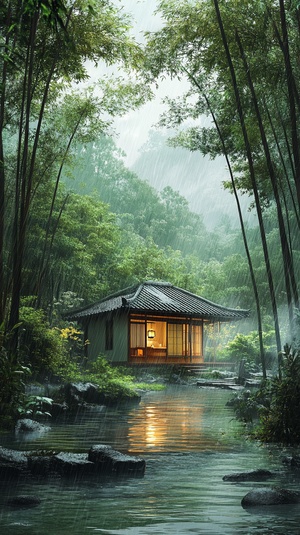 天空下着雨，竹林里，有个小屋，可以喝茶，舒服惬意，自然风景，很治愈，很有安全感