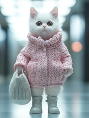 modern organic,Front view,Full Length Shot(FLS),Cold light,A white kitten, anthropomorphized, dressed in a pink sweater and white boots, with a bag slung over its arm, shopping for clothes in a mall.