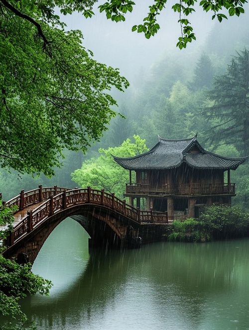 风景 小桥 溪水 治愈 下雨