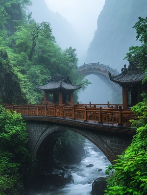 风景 小桥 溪水 治愈 下雨