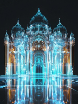 The beauty of traditional architecture, Minimalist style, holographic colors, futuristic design elements, hologram screen holography light effect, In the center is an illuminated ancient palace building made from glass, in the style of transparent liquid on black background, light white and dark blue colours