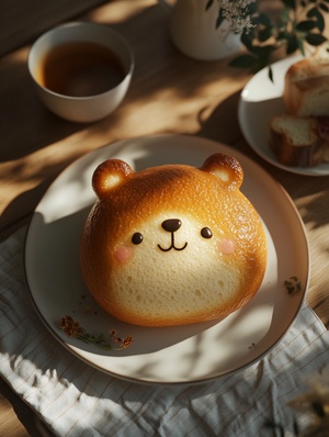 A freshly baked cute bear bread shaped , placed on a dining table, is incredibly adorable.Hayao Miyazaki style，animation style， It exudes an atmospheric and warm feeling with a simple composition. The style is influenced by Japanese photography, featuring an overhead perspective, intricate details, and presented in 8K resolution. ar 3:4 v 6.0