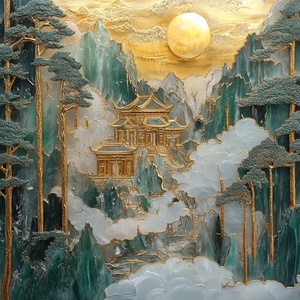 Chinese landscape painting, with a golden palace in the mountains and forests, cloisonné and gold style, made of misty opal material, translucent green-white jadeite, jade material with gold edges, surrounded by golden trees and white jade inlaid with gold edges of clouds, meticulous miniature model, liquid metal style, high details.