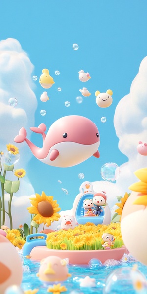 A cute little pink whale is flying and playing with a cute sunflower field in the centre, surrounded by floating bubbles and soft pastel colours. The background is a clear sky blue, creating an atmosphere of whimsy and joy. In front, there's an interactive table displaying various adorable toys like dolls or teddy bears. A small character sits on top of it, holding their phone and smiling at what they see. ar 1:2