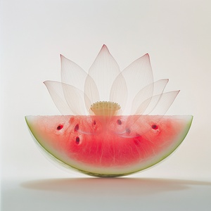 Close-up X-ray, translucence minimalist half watermelon in simple white background full of water drops, Lotus flower and lotus leaf, frosted glass blur covered, multiple exposures, macro photography, soft red, photography by william fang, shot on Hasselblad x2d ar 3:4 personalize qwmtejw stylize 750 v 6.1