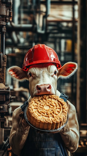 Animal photography, a cow, wearing a red hard hat, holding a large moon cake, put it to the mouth, fine details, realistic, the background is a factory, machinery and equipment, the background is blurred,