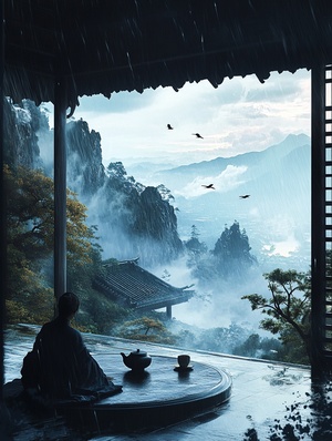 山中亭阁雨中品茶享风景