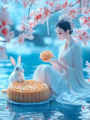 A beautiful woman and a white rabbit sit on a large mooncake, eating osmanthus tree mooncakes together. Behind them is a large pavilion with poster design and exquisite masterpiece. It is an 8K, 3D cartoon miniature scene, with a calm water surface background, blue water surface